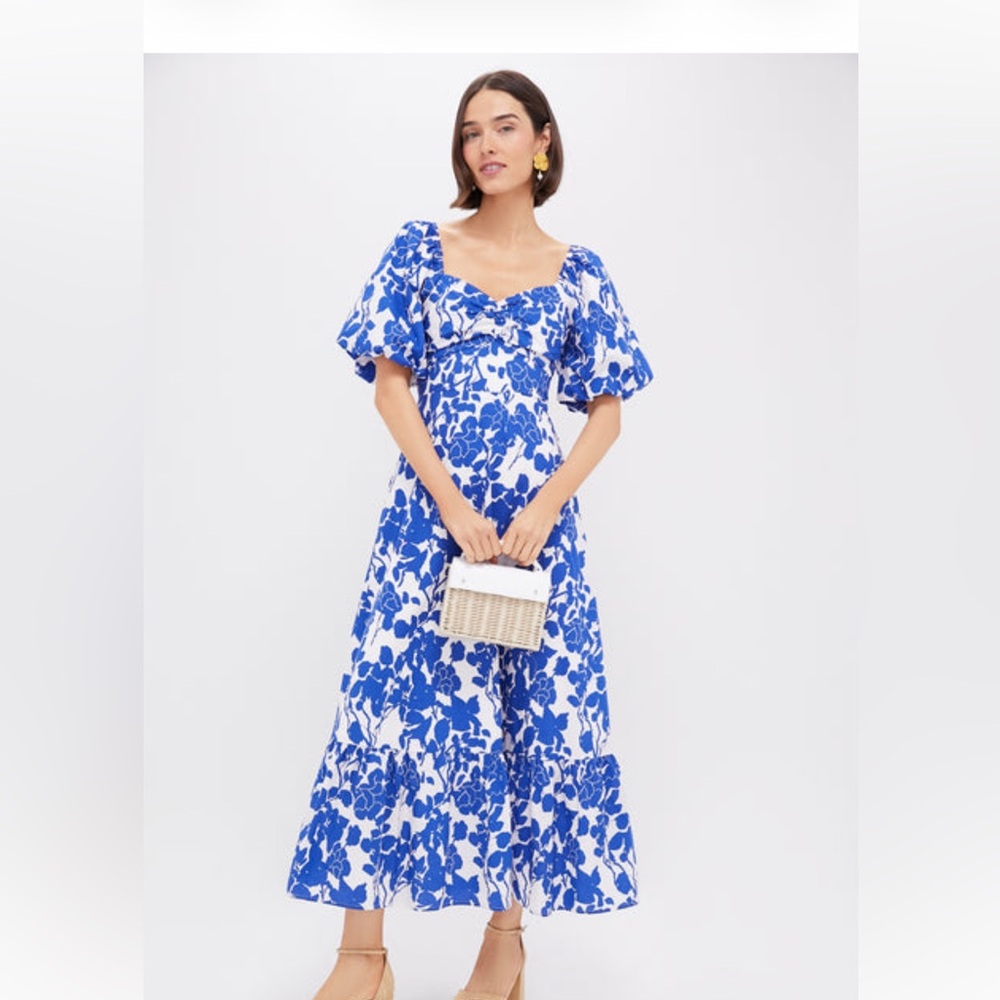 NWT HYACINTH HOUSE Tuckernuck size XL Blue Floral SEAPORT Midi Dress Puff Slv